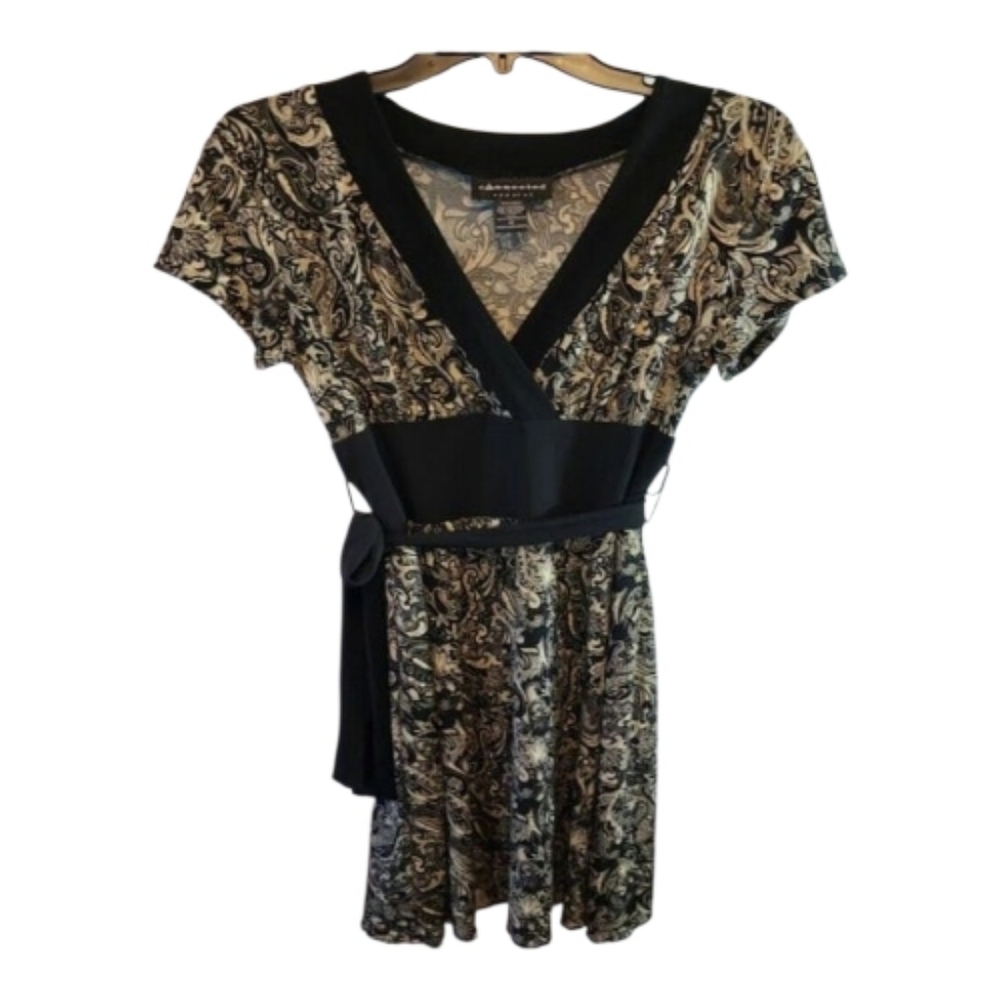 CONNECTED APPAREL BLACK CREAM DRESS V-NECK SIZE 12  BLACK WAIST BAND TIES PARTY